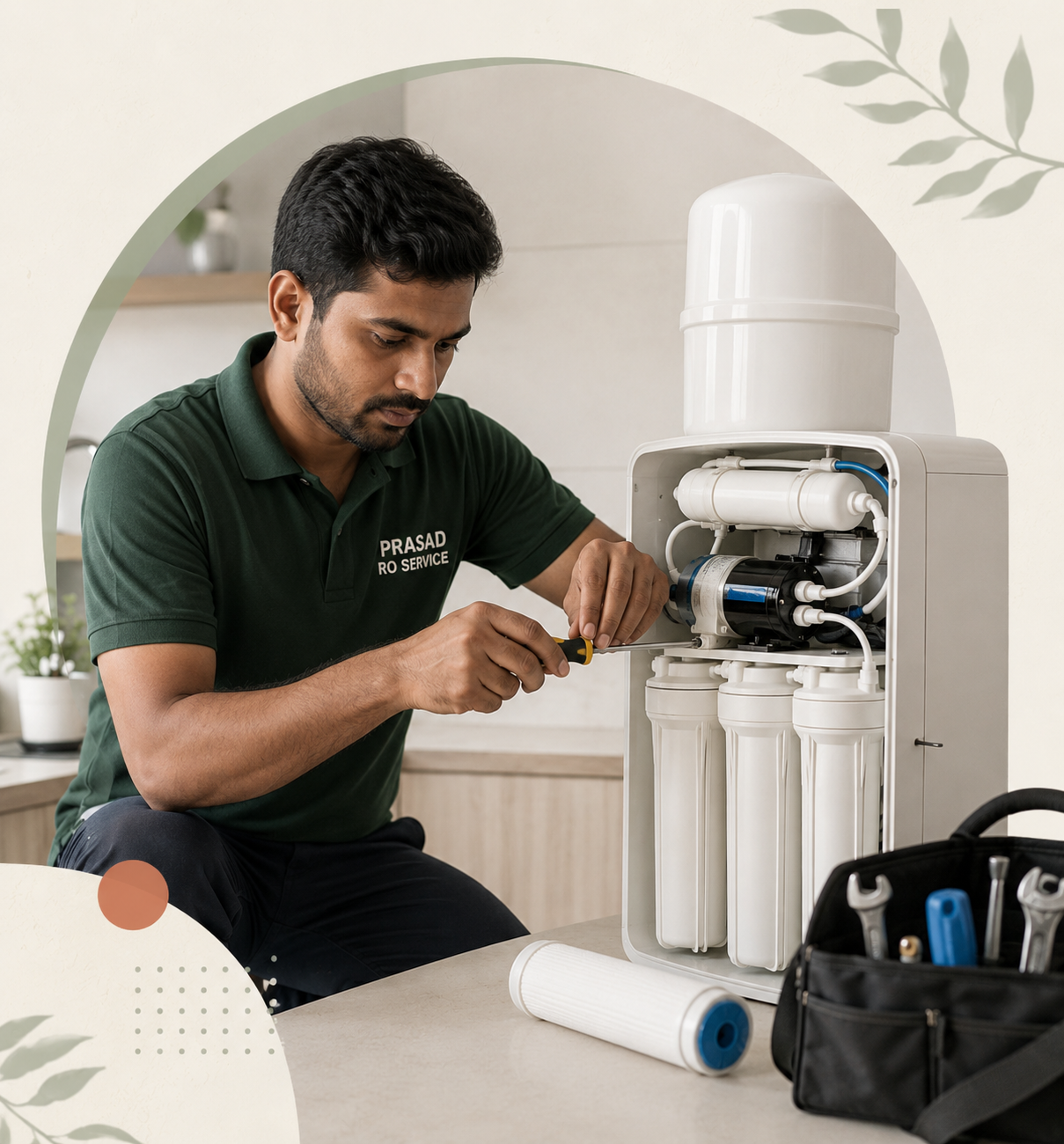 Prasad RO Service technician checking an RO membrane